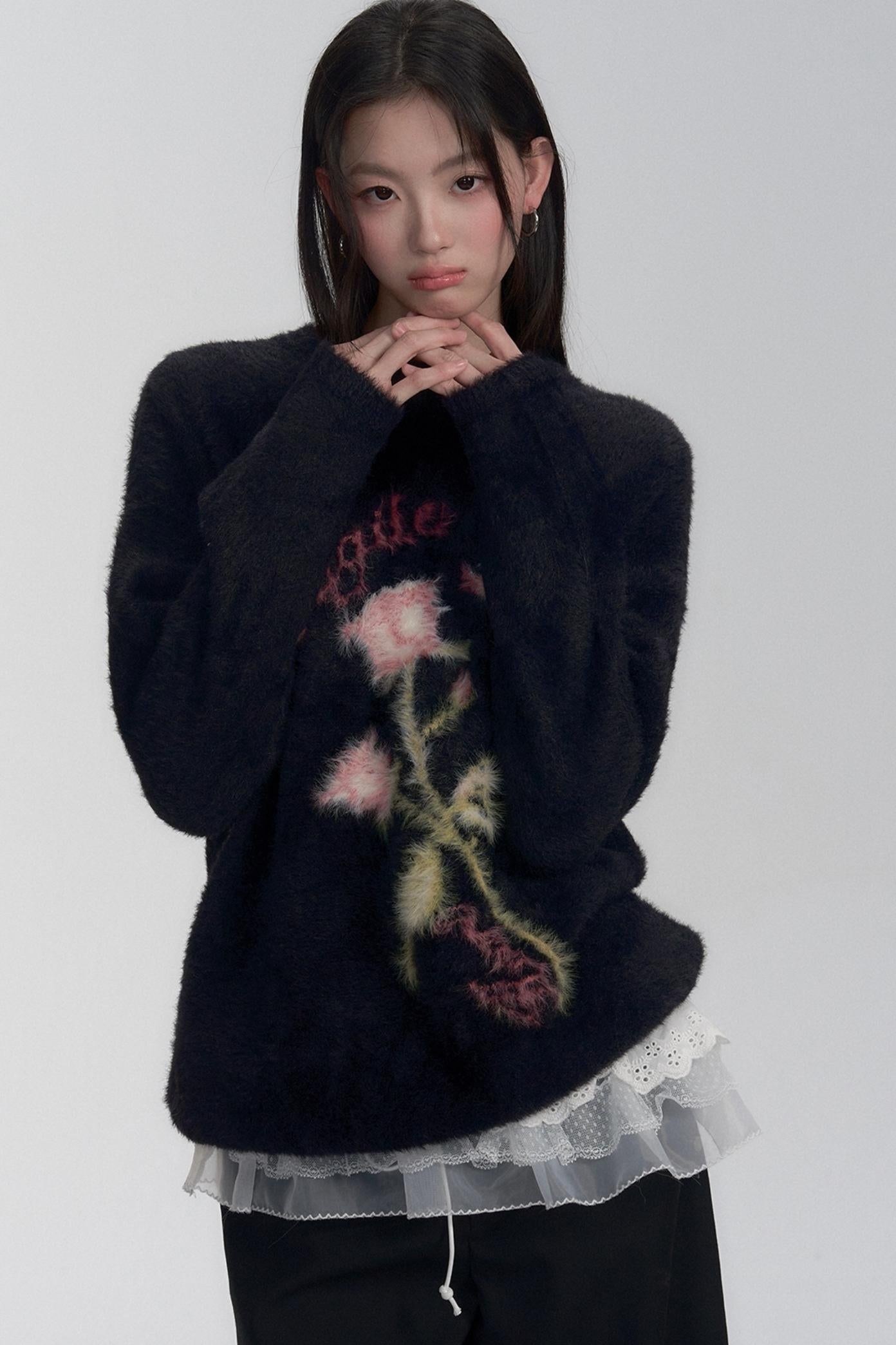 Embroidered Fuzzy Sweater