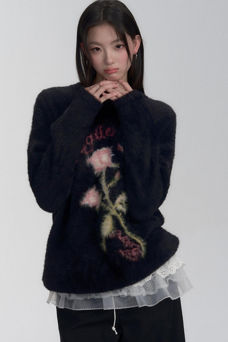 Embroidered Fuzzy Sweater
