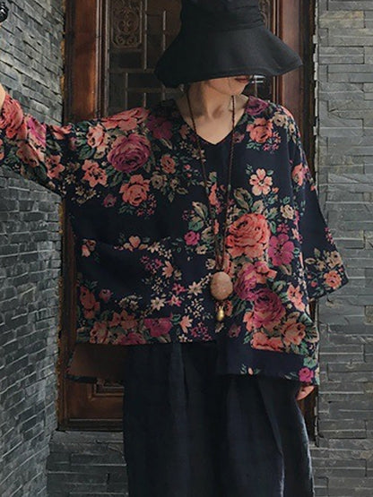V-neck Long Sleeve Cotton Blouse Shirt Oo1030