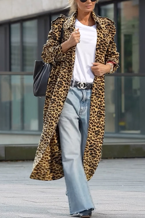 Lapel Open Front Leopard Midi Coat