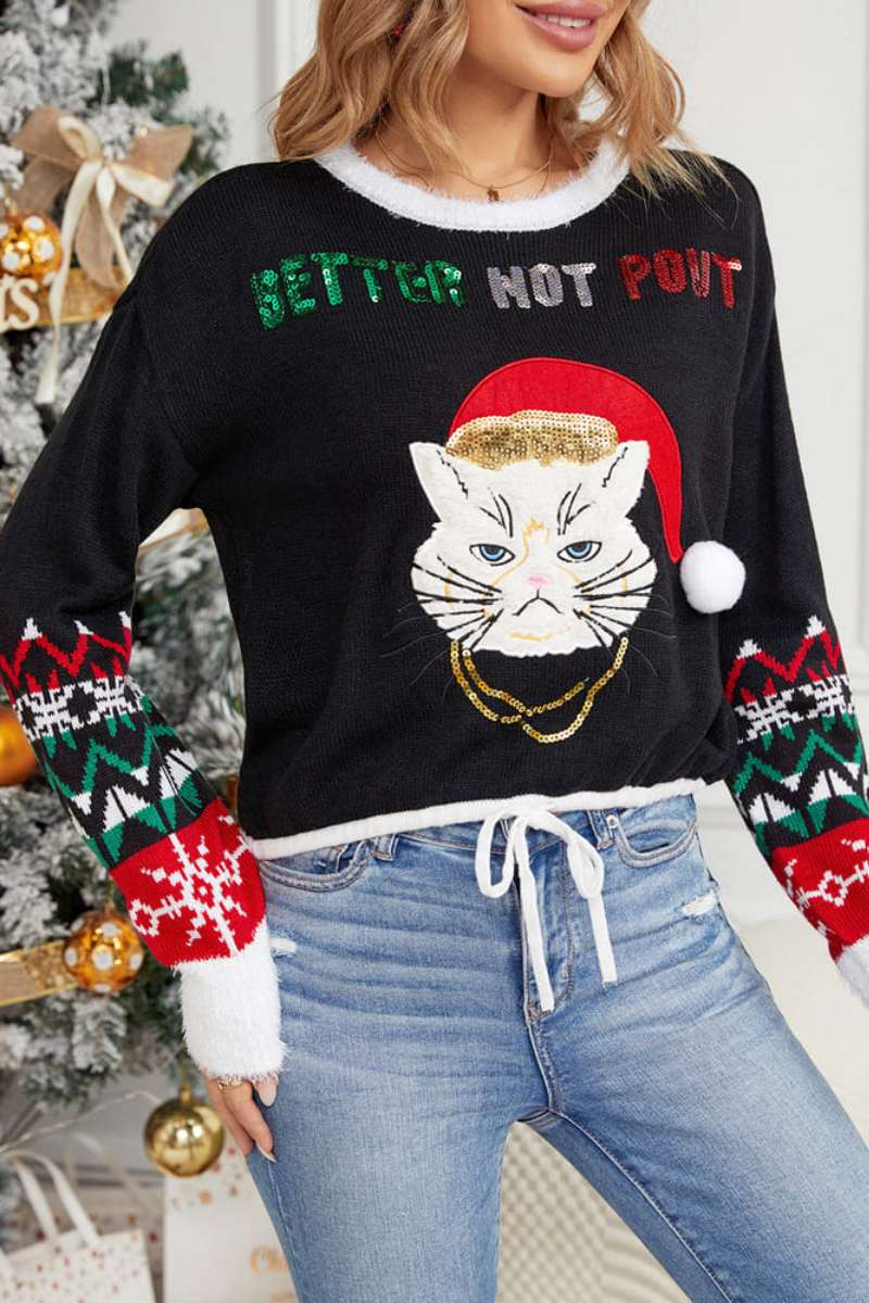 Round Neck Cat Embroidery Sequin Sweater