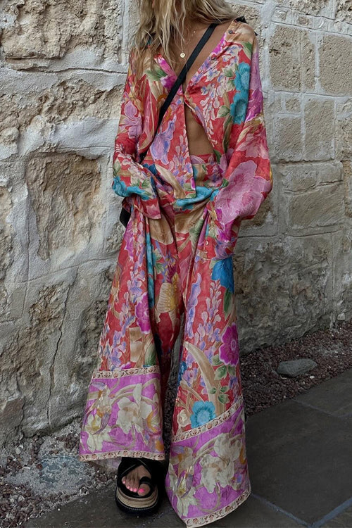 Long Sleeves Button Up Shirt and Wide Leg Pants Print Set