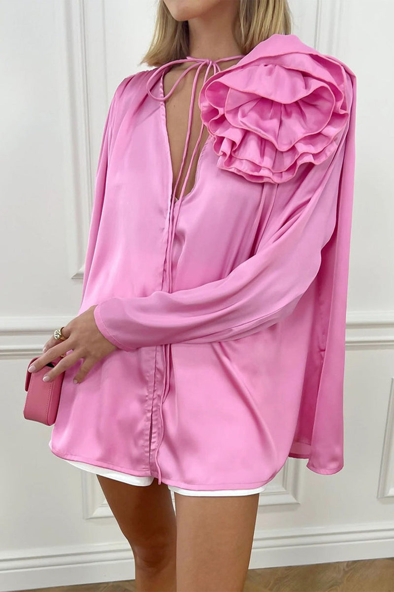 Pink V Neck Ruched Lace-up Blouse