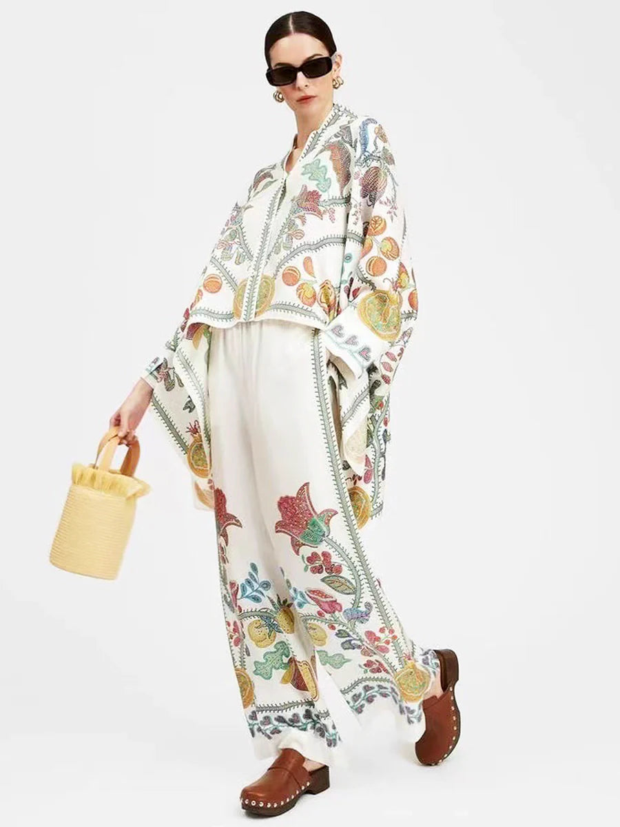 Fine Satin Print Batwing Sleeve Pants Set - White