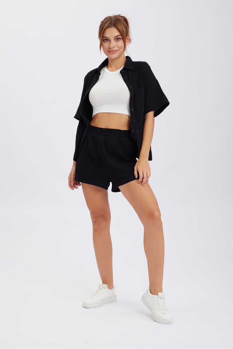 Color Short Sleeve Shirt Cotton Two-piece Shorts Set
