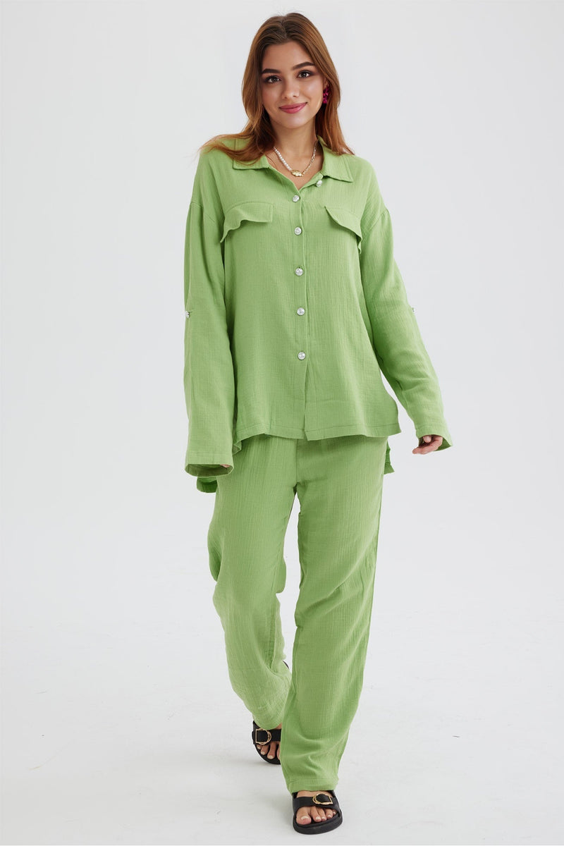 Long Sleeve Pocketed Slit Shirt Long Pants Suits
