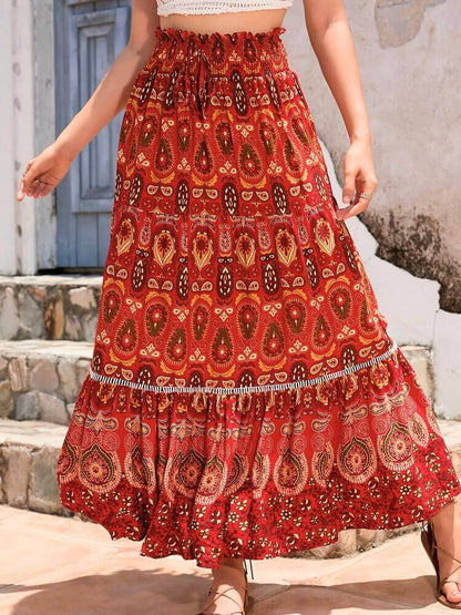 Shirred High Waist Skirt in Red
