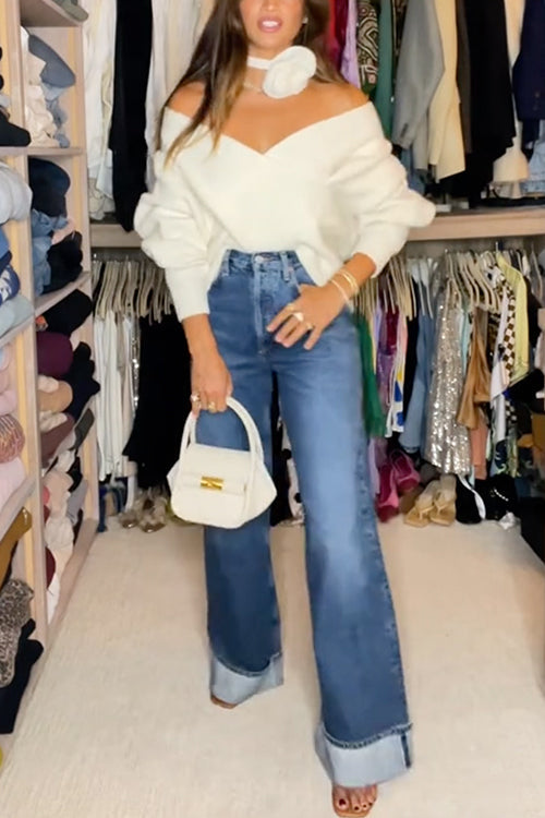 V Neck Criss Cross Front Ribbed Knit Sweater