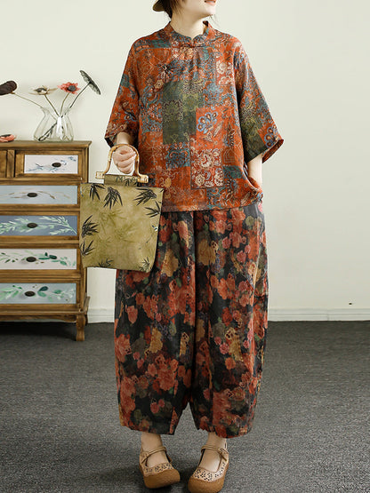 Summer Retro Print Ramie Harem Pants Cx052