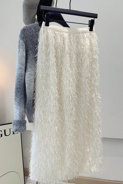Elastic Waist Fringed Maxi Skirt