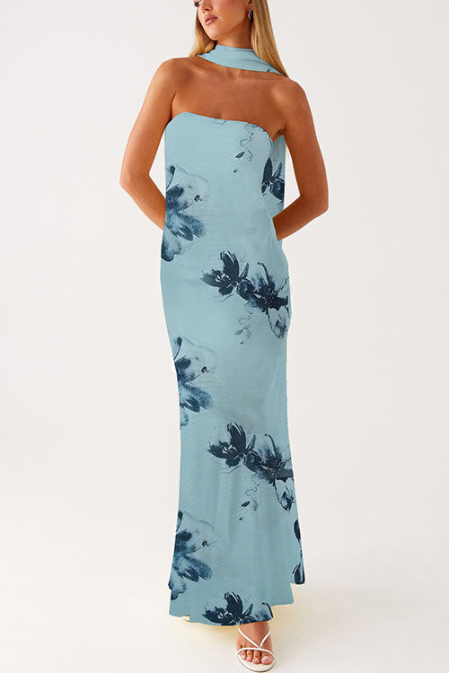 Strapless Tube Print Bodycon Maxi Dress
