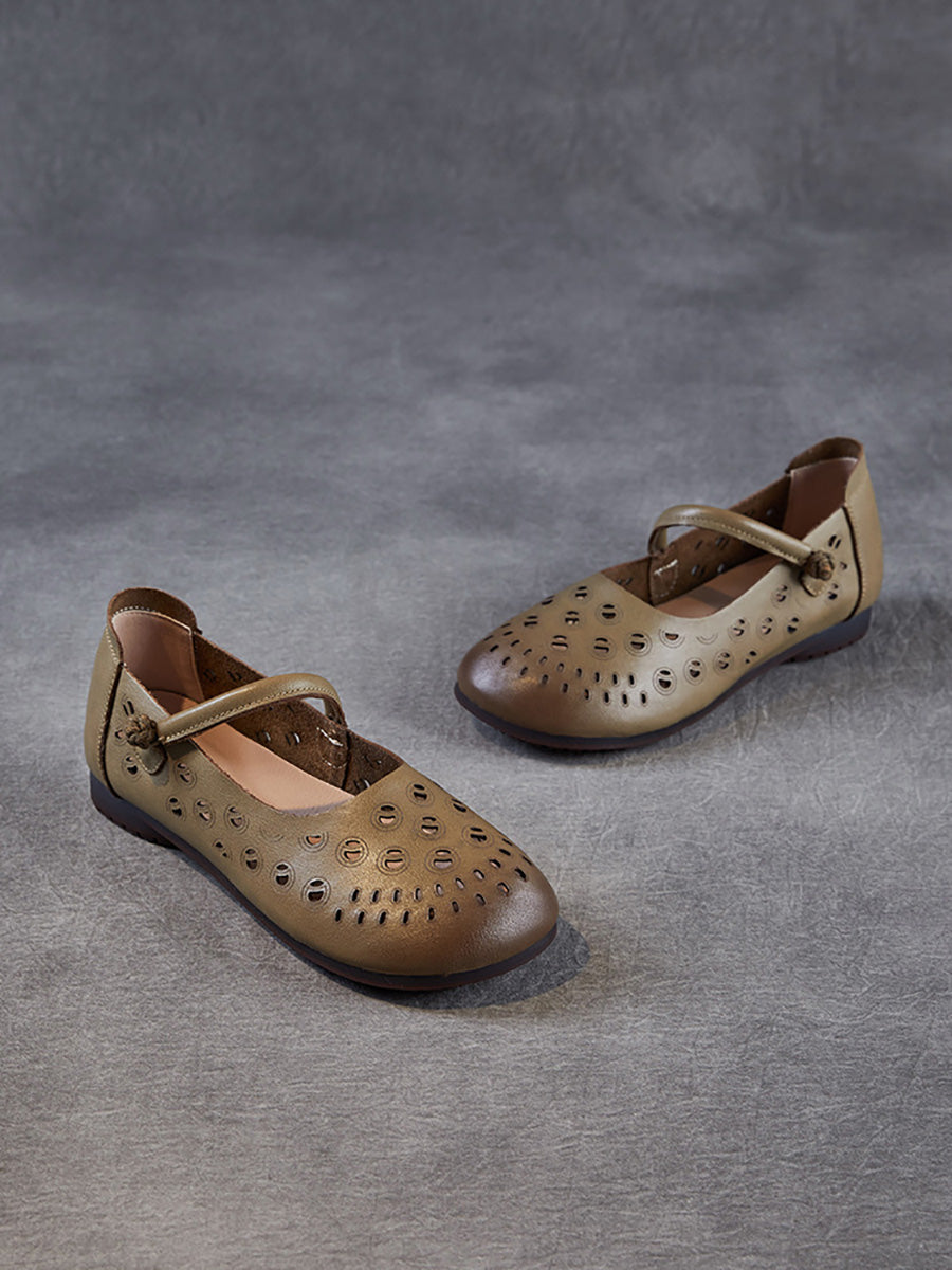 Genuine Shoes Summer Hollow Out Heel Low Leather