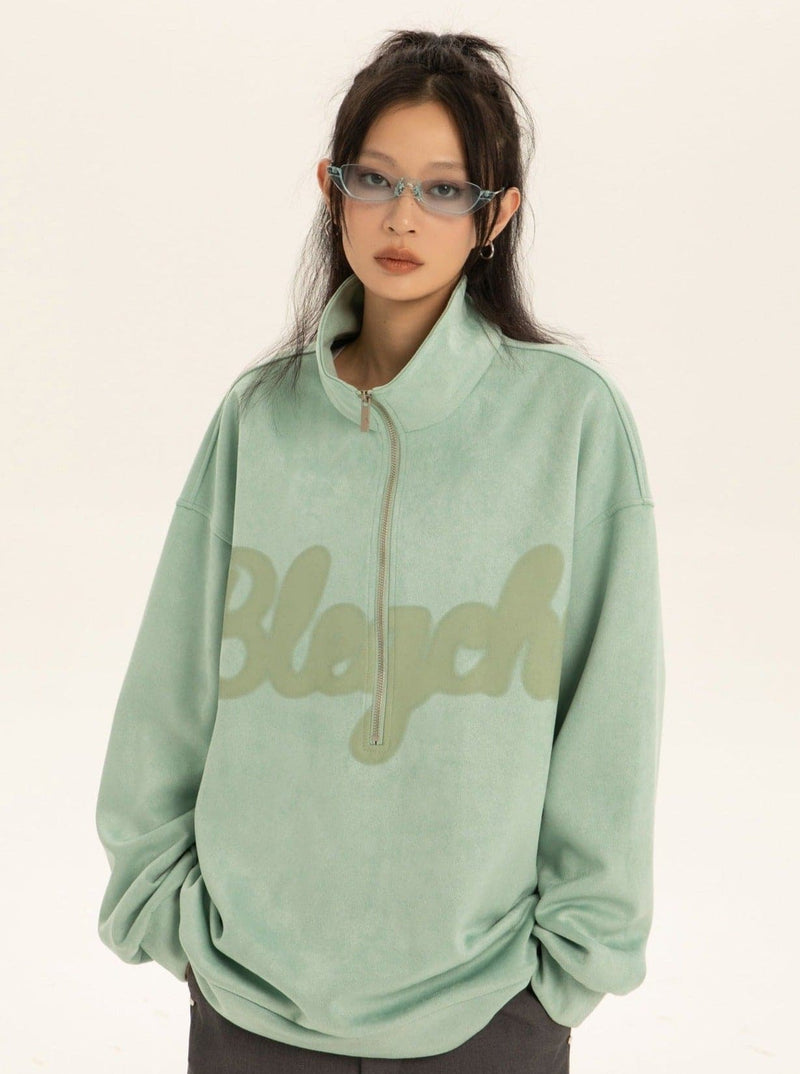 Oversized Suede Sweatshirt With Zipper Polo Collar