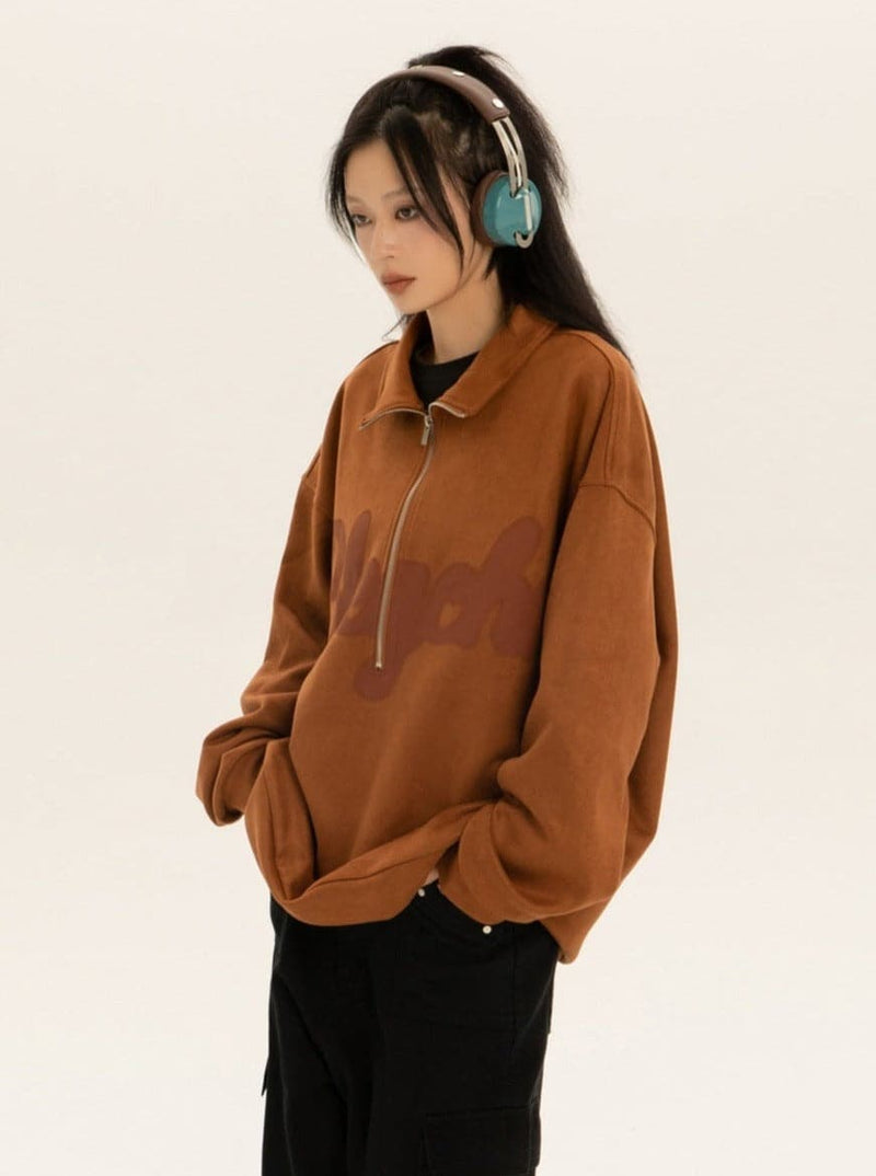 Oversized Suede Sweatshirt With Zipper Polo Collar