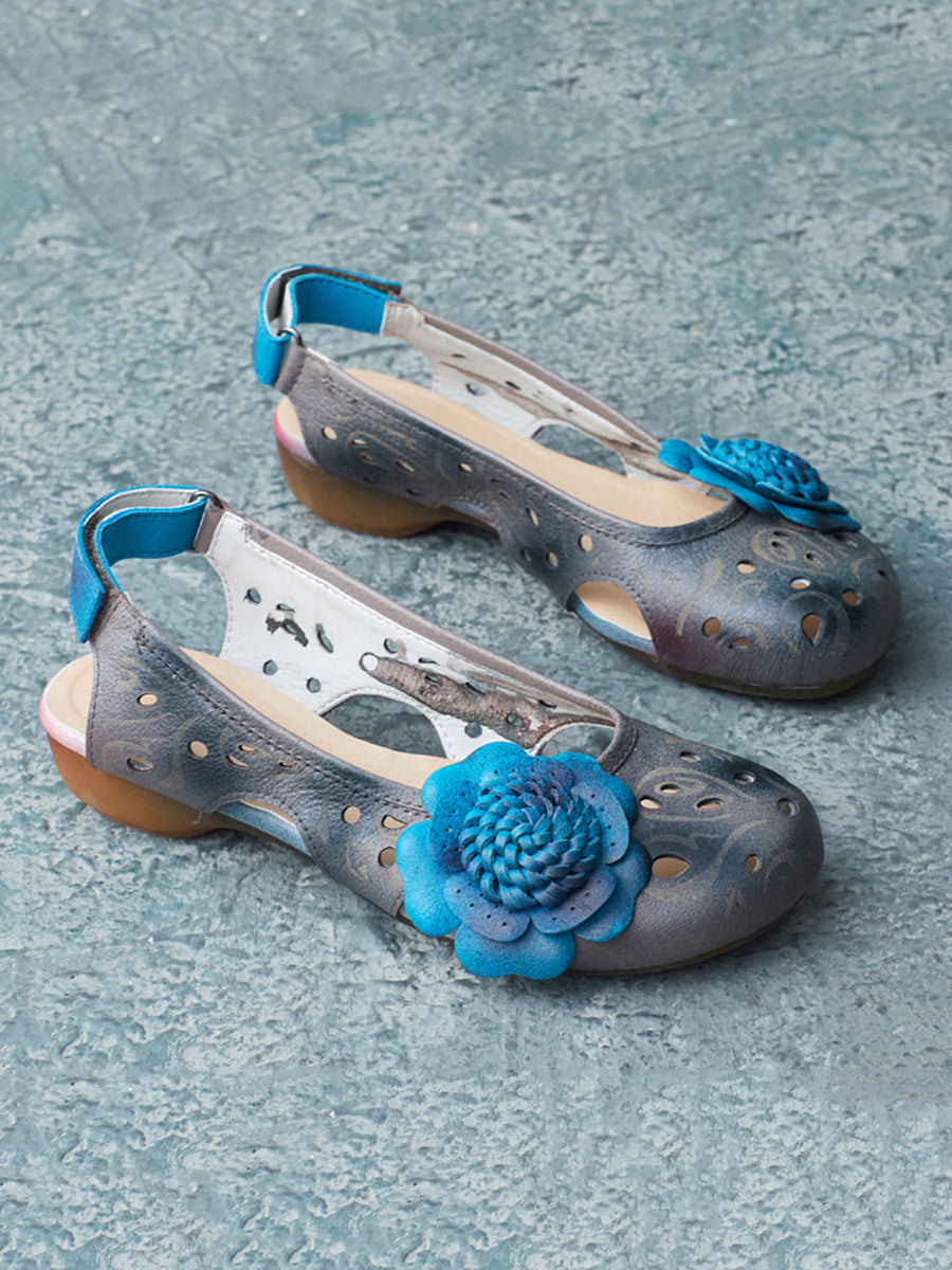 Summer Artsy Leather Flower Spliced Sandals Ui1014
