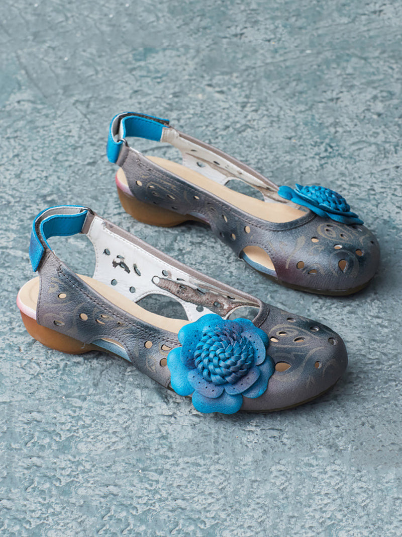 Summer Artsy Leather Flower Spliced Sandals Ui1014