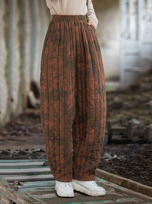 Winter Retro Flower Spliced Padded Cotton Harem Pants Wu014