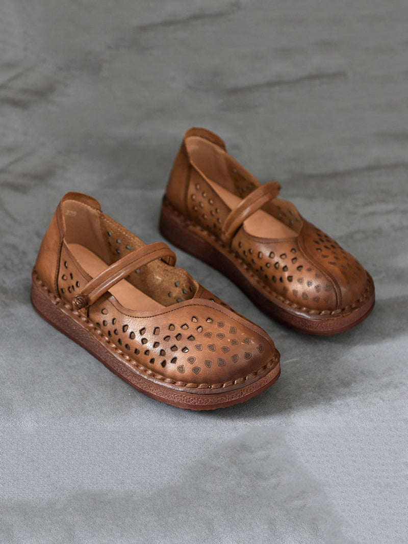 Summer Leather Cutout Leather Flat Shoes Oo1018