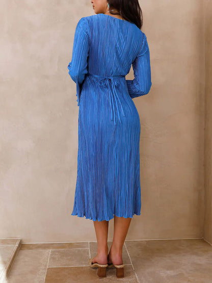 Mountain Vistas Draped Pleated Bell-sleeve Midi Dress