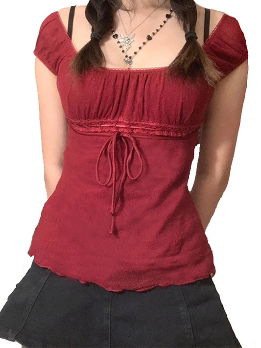 2000s Aesthetic Sweet Lace Tops Off Shoulder Drawstring T-shirt Korean Female Tee Fairy Grunge