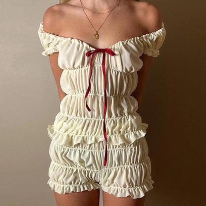 2000s Retro 2 Piece Set Cottage Lounge Ruched Off Shoulder T-shirt Crop Tops + Shorts Kawaii Pajamas Y2k Outfits