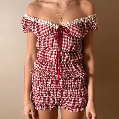 2000s Retro 2 Piece Set Cottage Lounge Ruched Off Shoulder T-shirt Crop Tops + Shorts Kawaii Pajamas Y2k Outfits