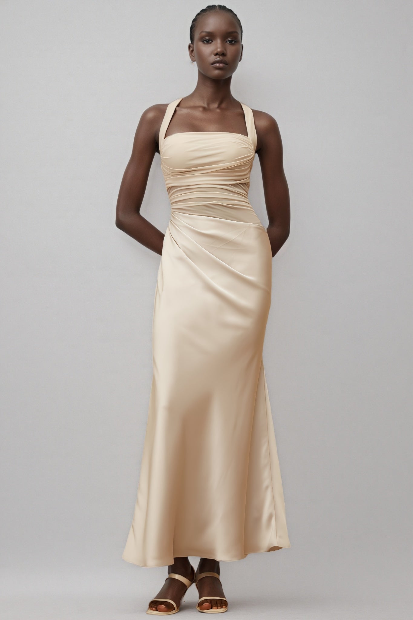 Freja Grey Mesh Panel Ruched Maxi Dress