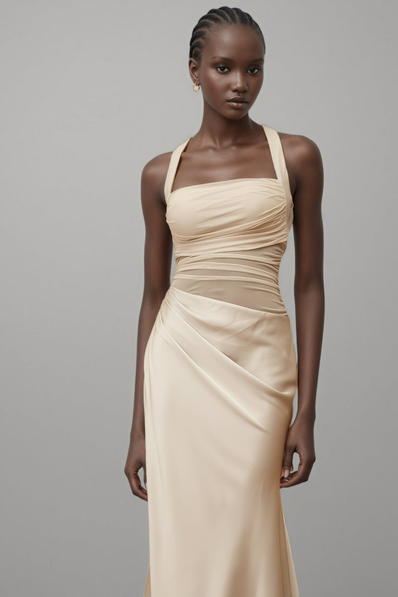 Freja Grey Mesh Panel Ruched Maxi Dress