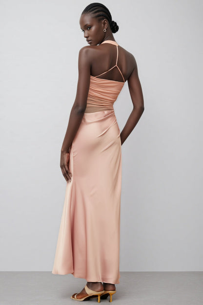 Devin Pink Mesh Panel Ruched Maxi Dress