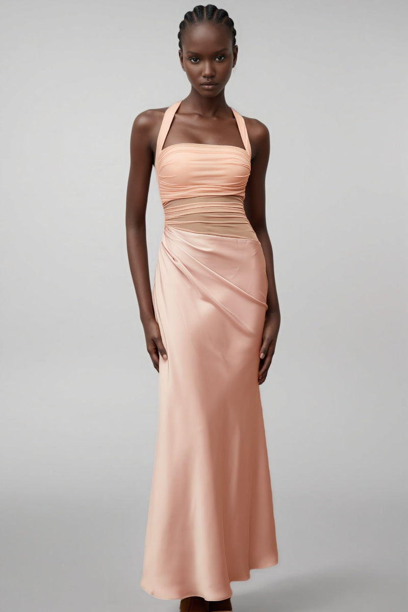 Devin Pink Mesh Panel Ruched Maxi Dress