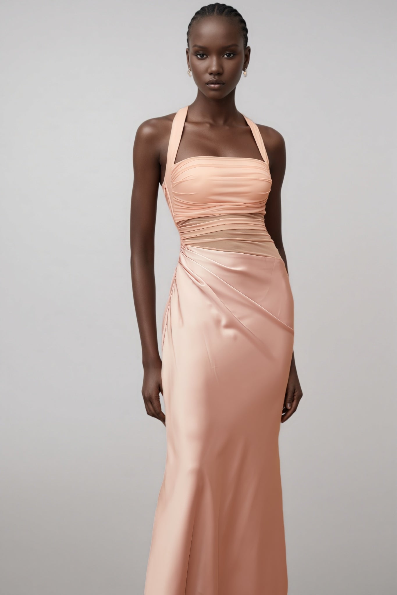 Devin Pink Mesh Panel Ruched Maxi Dress