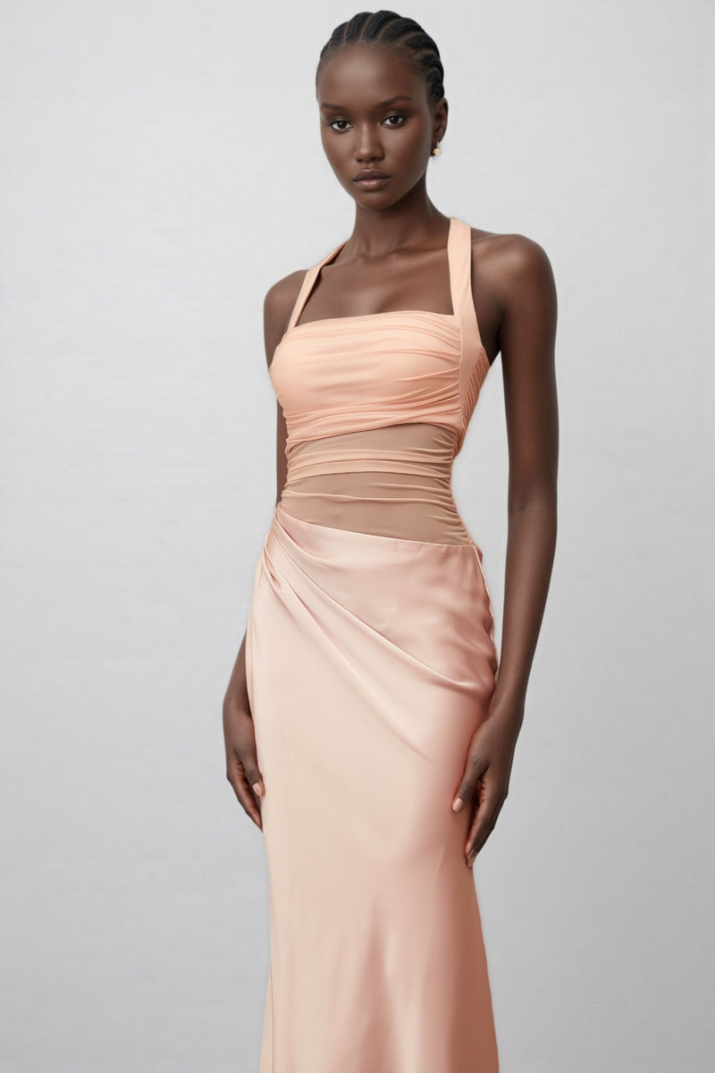 Devin Pink Mesh Panel Ruched Maxi Dress