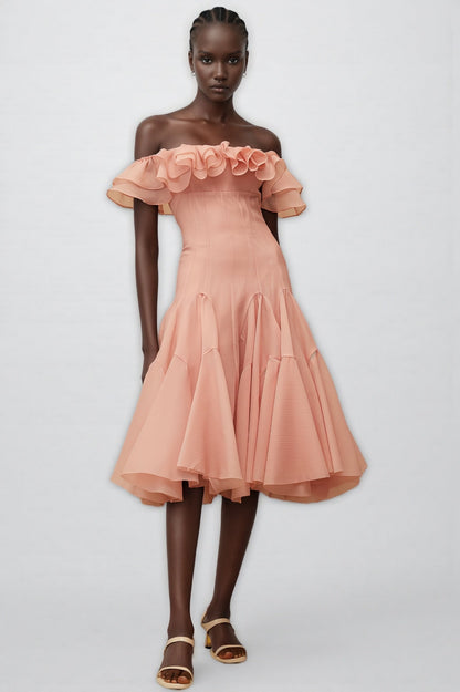 Eosf Pink Mesh Ruffle Midi Dress