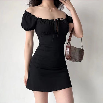 Summer Mini Dress Short Sleeved Lace Up Hollow Backless Folds Bodycon Black Dress Party A-line Dresses