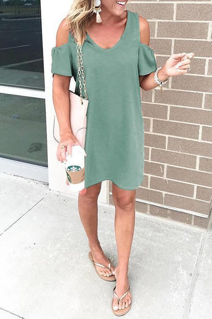 Dew Shoulder Round Neck Mini Dress (4 Colors)