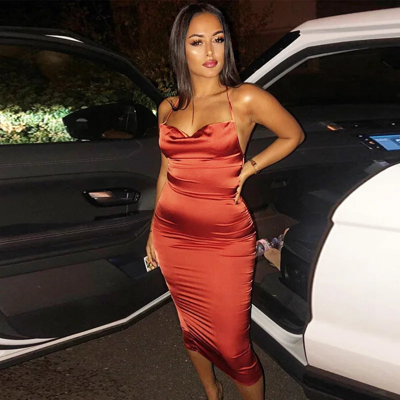 Summer Long Satin Backless Hollow Out Midi Dresses