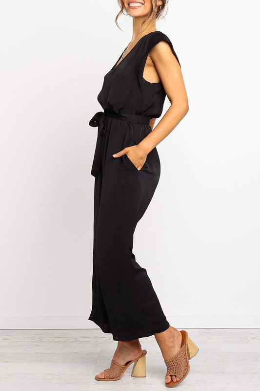 V Neck Black Lace-up Jumpsuit