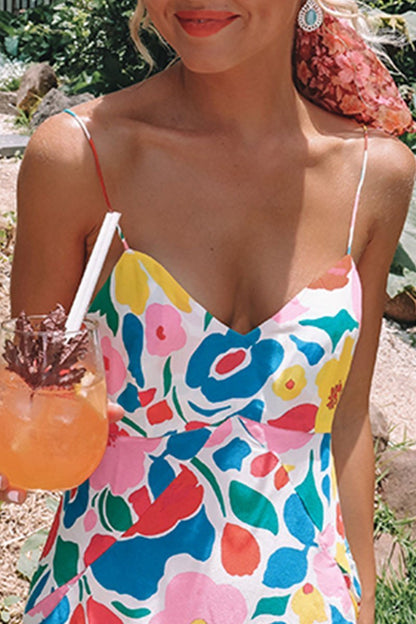 Printed Backless Mid Calf Dress With Pocket