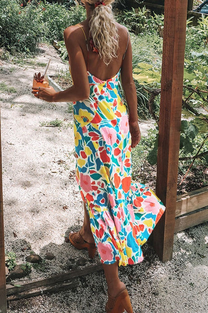 Printed Backless Mid Calf Dress With Pocket