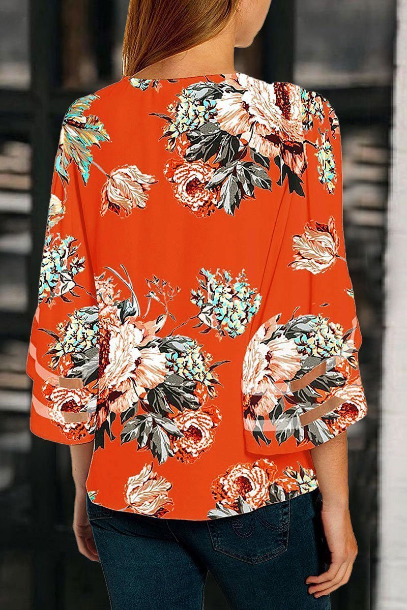 V Neck Printed Hollow-out Blouse