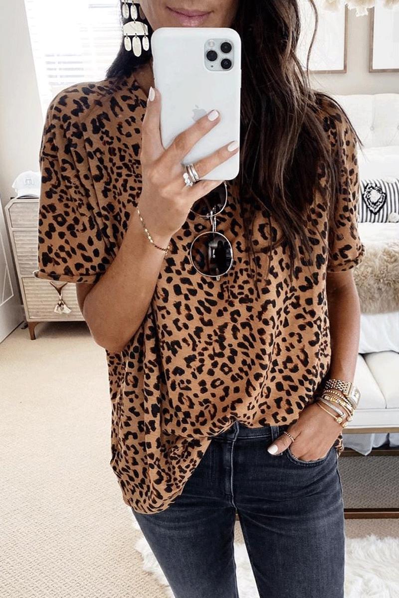Leopard Print Loose Design Brown T-shirt