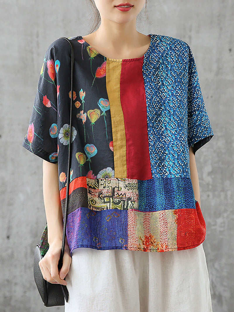 Summer Printed Loose Linen T-shirt Qw1032