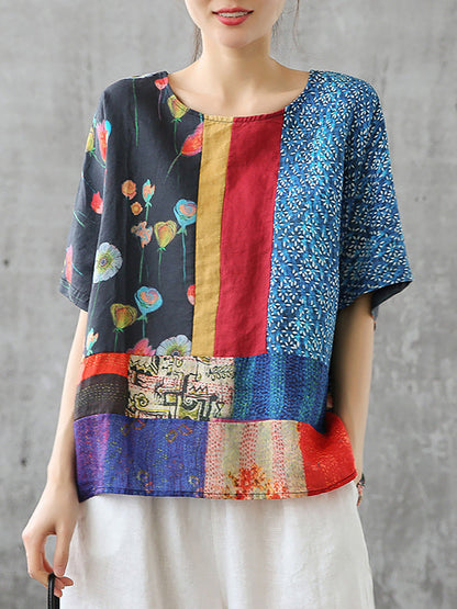 Summer Printed Loose Linen T-shirt Qw1032