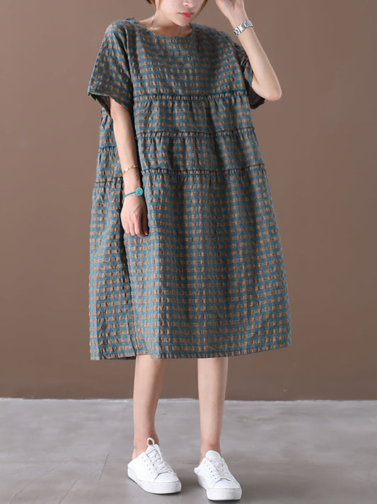 Summer Plaid Round Neck Cotton Linen Midi Dress Xx1060
