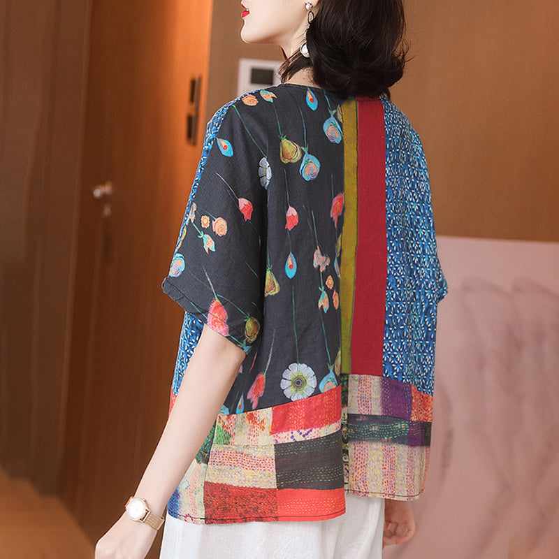 Summer Printed Loose Linen T-shirt Qw1032