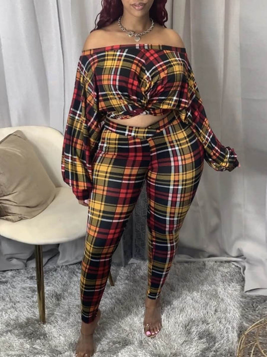 Dew Shoulder Grid Print Purple Two-piece Pants Set Bo504