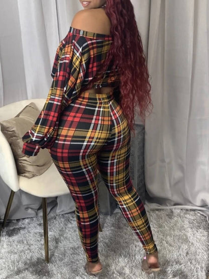 Dew Shoulder Grid Print Purple Two-piece Pants Set Bo504