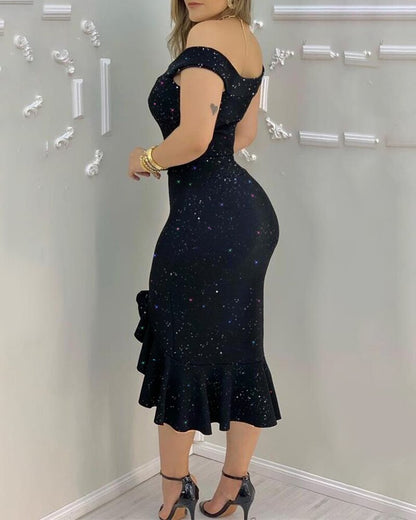 Glitter Off-shoulder Ruffles Slit Midi Dress Party Dress