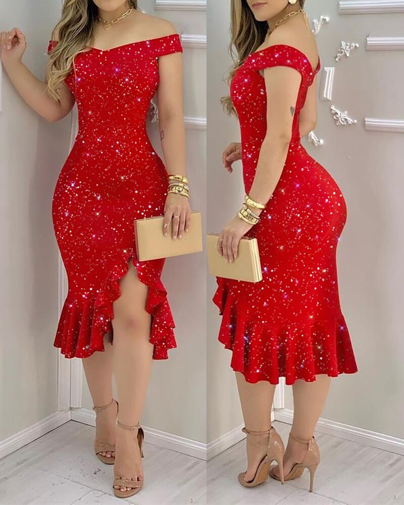 Glitter Off-shoulder Ruffles Slit Midi Dress Party Dress