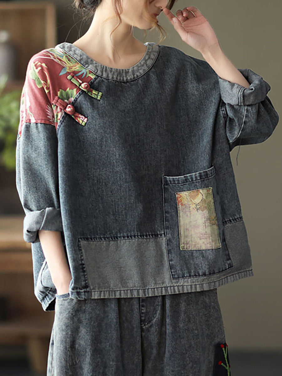 Retro Stitching Patchwork Print Denim Sweatshirt Sc1032